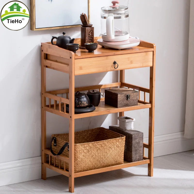 TieHo 3 Tier Bamboo Shelf Serving Table with Wheels Drawer Kitchen Storage Cart Bar Cart  Chinese Wine Tea  Island Trolley