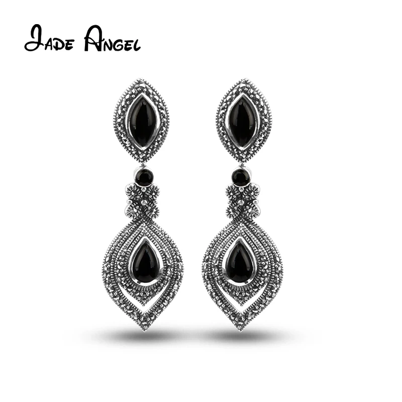 JADE ANGEL 925 Sterling Silver Earring Jewelry Black Green Chalcedony Drop With Silver Leaf Mosaic Decorating Earring For Women