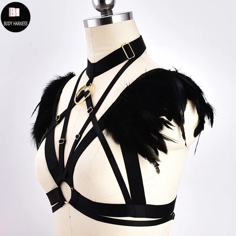 Feather Epaulet Body Cage Open Chest Bra Garter Woman Sexy Body Harness Bondage Belt Goth Festival Rave Wear Elastic Adjust