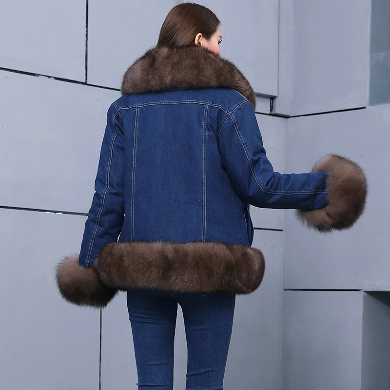 Denim jacket real fox fur collar luxury fur liner detachable pie overcoat thickened women's jacket