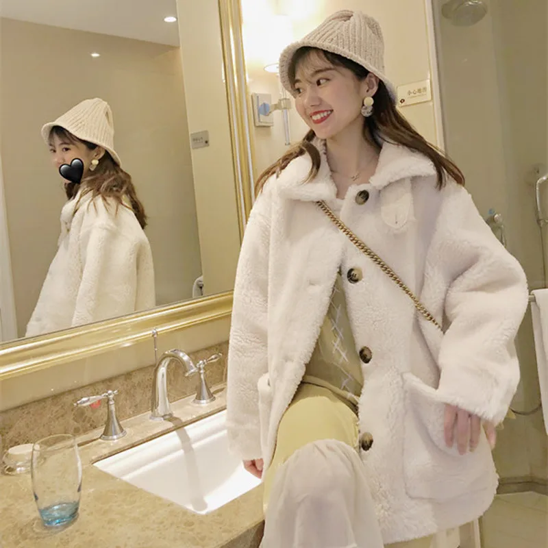 Real Fur Coat Women Korean Cute Warm Woolen Coat Autumn Winter Sheep Fur Jacket Casual Abrigos Mujer Invierno 2020