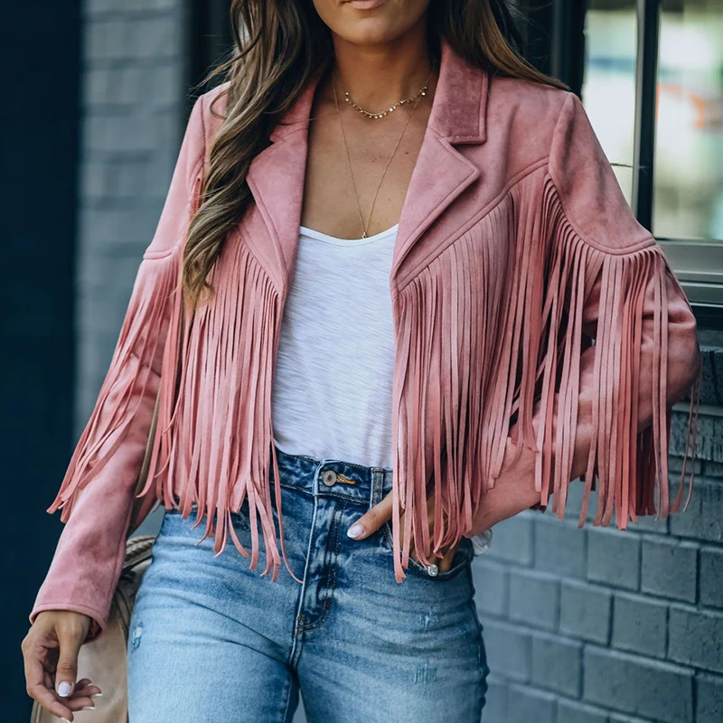 Womens Vintage Lapel Long Sleeve Fringe Cropped Hippie Motor Biker Cardigan Outwears Faux Suede Tassel Jacket