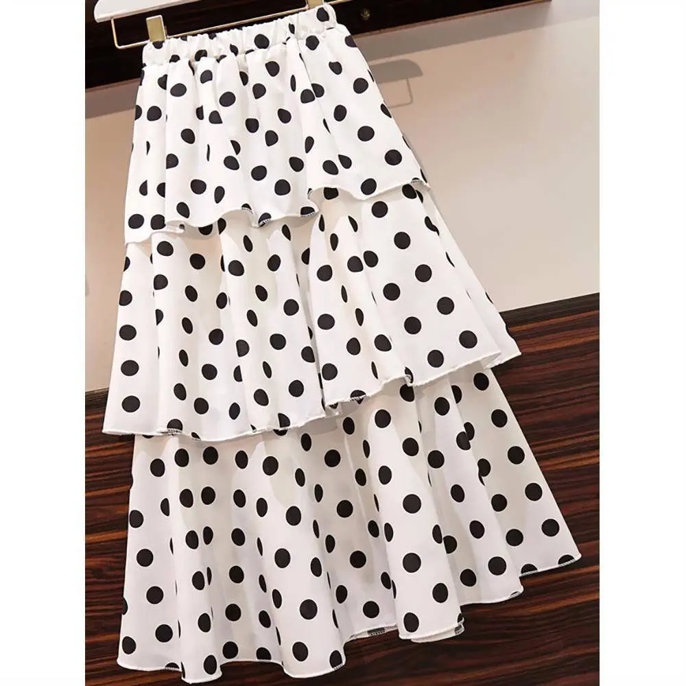 Summer Big Size Slim T-shirt Skirts Set for Women 2021 New Girl Student Sweet Print Polka Dot Dress Fashion Ribbon Bow-knot Tops