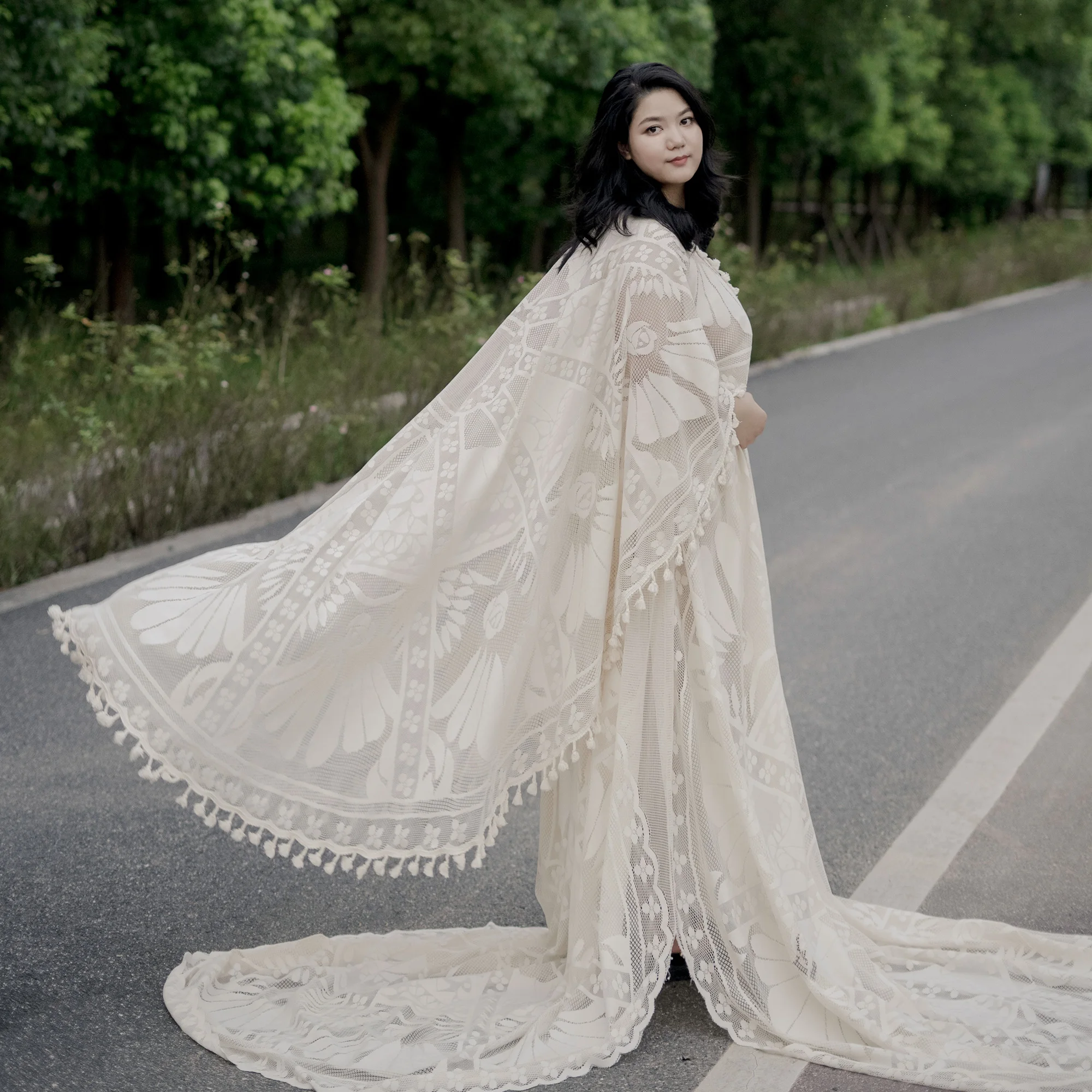 Vestido largo de maternidad con capa para mujer, traje bohemio de encaje para sesión de fotos, fiesta de noche, costura, utilería de fotografía