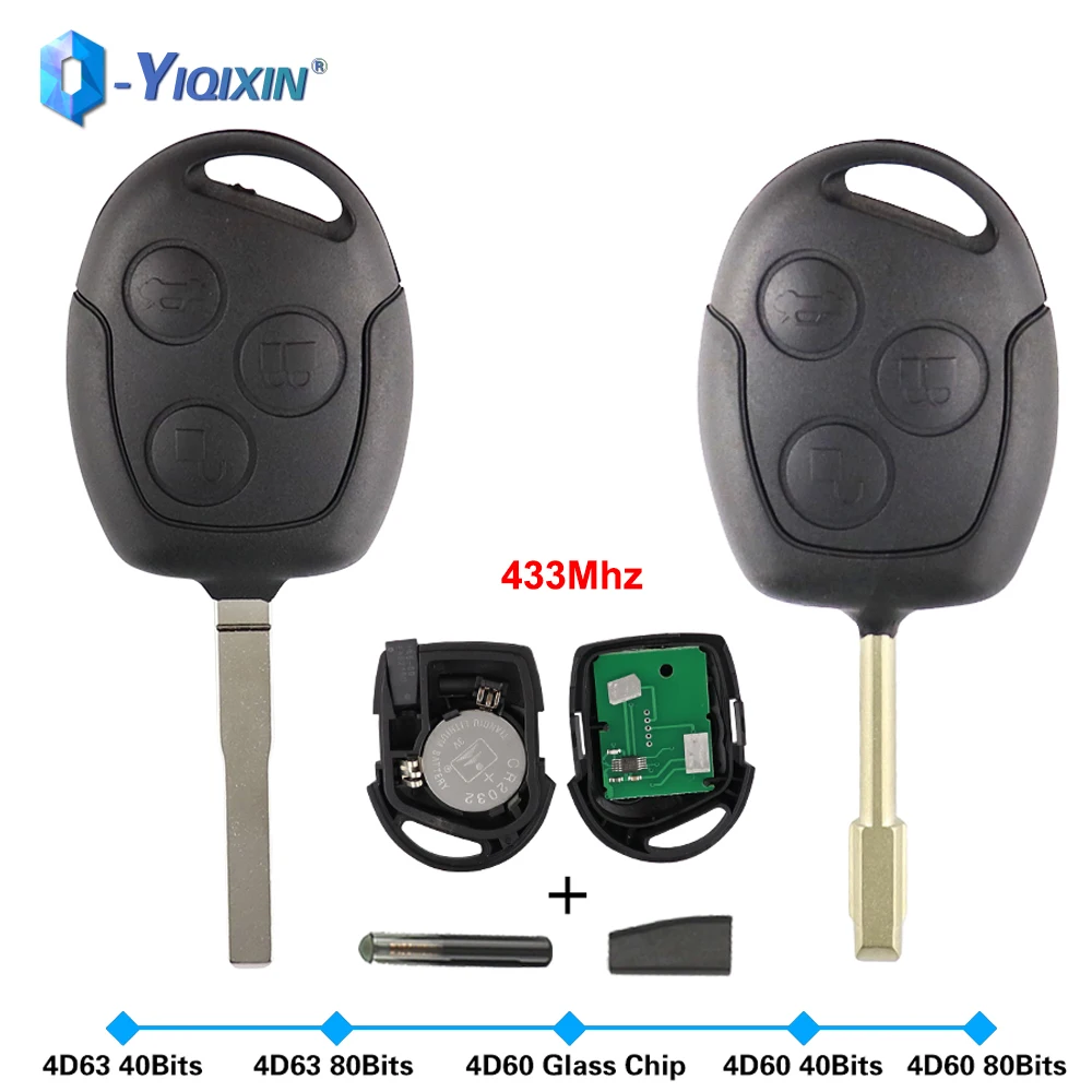 

YIQIXIN Smart Remote Car Key 3 Buttons Fob For Ford Focus 2 Fiesta Transit Mondeo Fusion Galaxy 433Mhz 4D60 4D63 40/80 Bits Chip