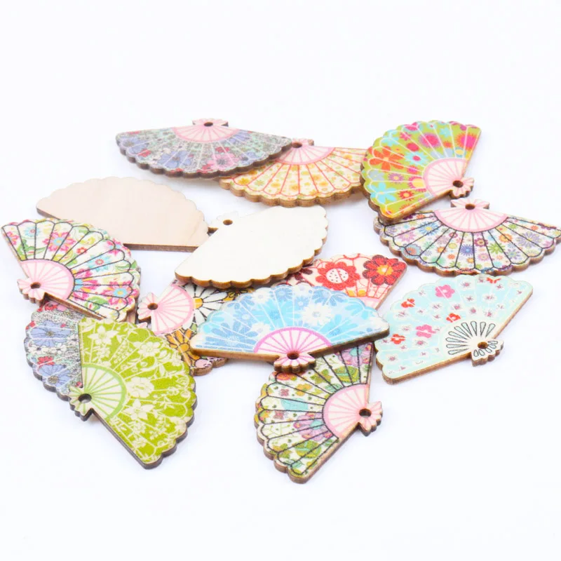 Natural Wood Fan Pattern Wooden Scrapbooking Craft For Embellishments Handmade DIY Handicraft Home Decoration 30x48mm 10pcs