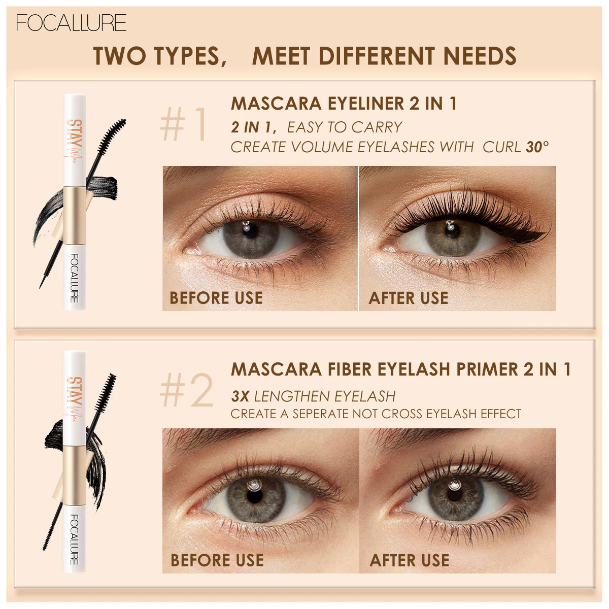 FOCALLURE 2 In 1 Waterproof Black Mascara Eyelash Lengthening Curling Eyes Eyelash Extension Eyeliner Enchancer Makeup Cosmetics