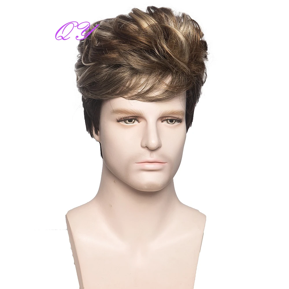 Synthetic Men Wig  Brown Curly  With Bangs Wigs Medium Length Cosplay Or Party Natural Fashion Male Hair