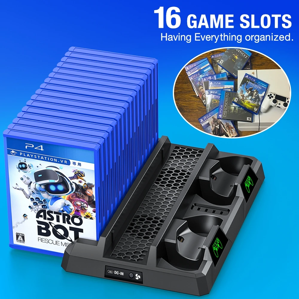 PS4 Slim/PS4 Pro/PS4 컨트롤러 용 Playstation 4/PS4 용 냉각 팬이 장착 된 이중 냉각 스테이션 PS4 액세서리 용 슬림 스탠드