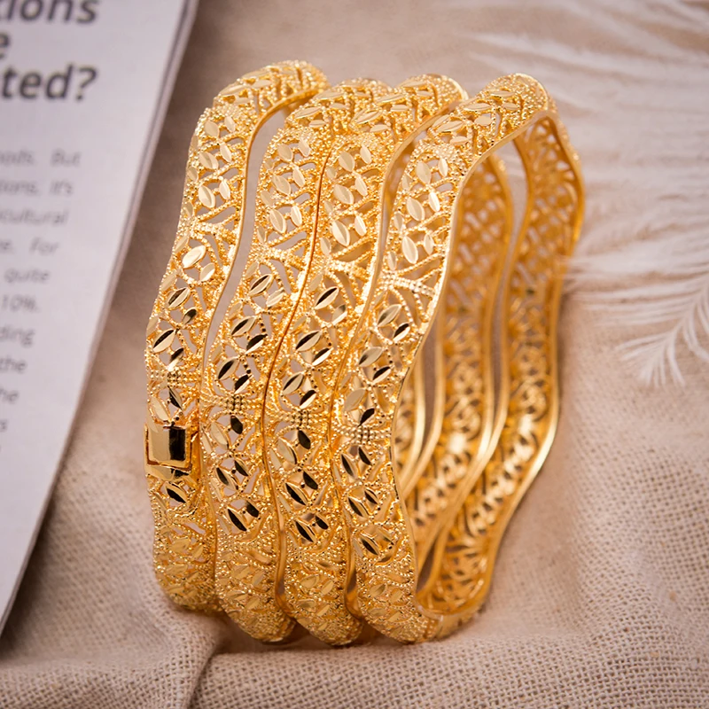 Annayoyo 4Pcs Gold Color Ripple high quality Bangles&Bracelets Women Mother Metal Cuff Bangle Jewelry Bride Birthday Gifts