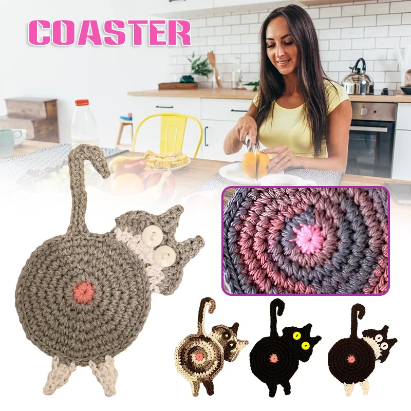 Hot Sale Cat Butt Coasters Funny Handmade Cat Butt Crochet Drink Cup Mat Anti-slip Cup Mat Housewarming Gift for Cat Lover Ship