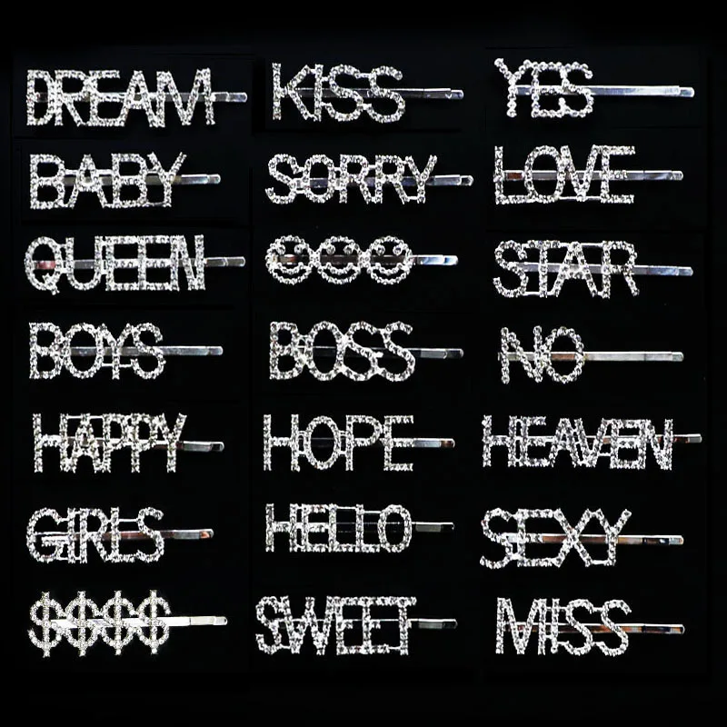 Letter Hairpins New Girls Crystal Hair Clips Women Headband Barrettes Hair Accessories Fashion More Style Hiphop Punk Gift Emo