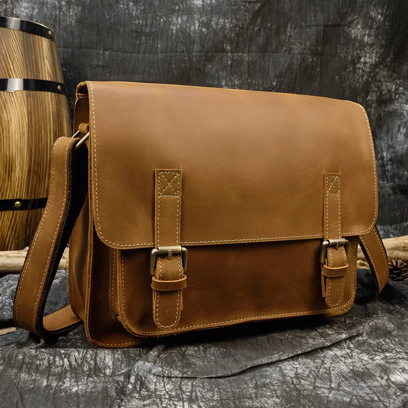 Men's Crazy horse leather shoulder bag Brown Real leather messenger bag for 13.3 inch PC Vintage A4 crossbody bag magnetic flap