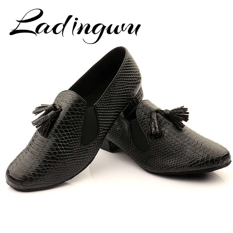 Ladingwu New Modern Men's Soft Bottom Ballroom Dance Shoes Black Crocodile Texture PU Men Latin Dance Shoes Modern Latin Dance