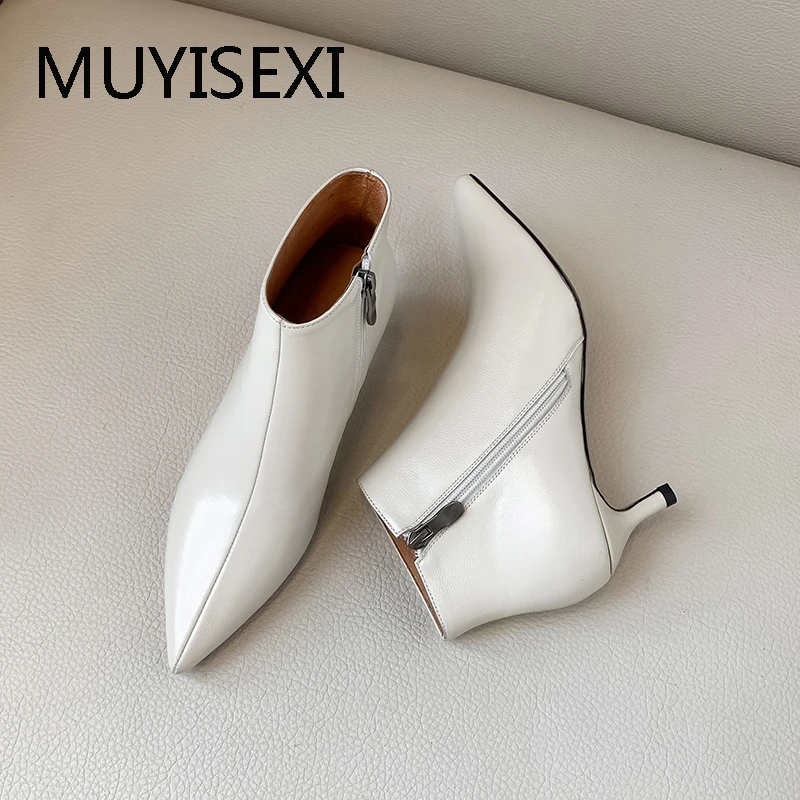 Sexy Ankle Boots Genuine Leather Pointed Toe 5cm Thin Heels Winter Solid Autumn Boots For Women MING002