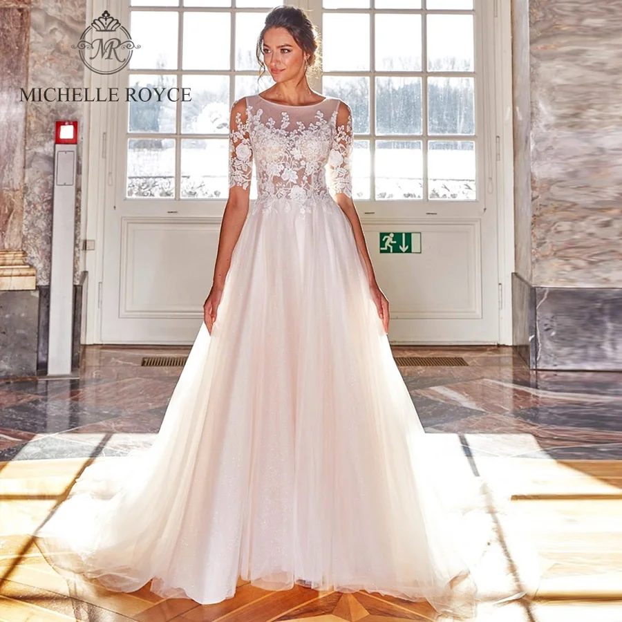 

Michelle Royce A-Ling Wedding Dresses 2020 Half Sleeve Illusion Appliques Button Chapel Train Wedding Gowns Vestido De Noiva