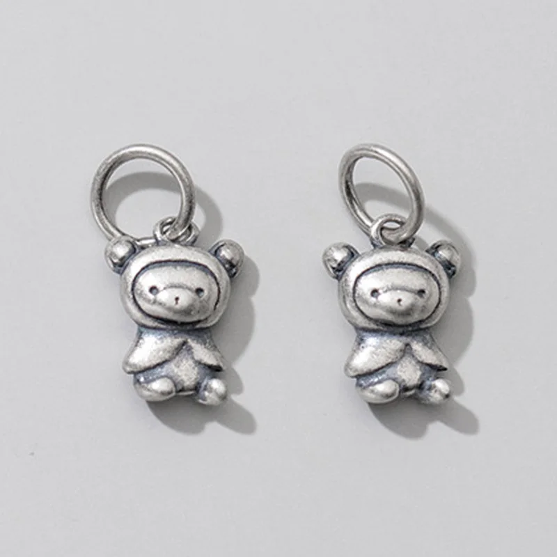 925 Sterling Silver Cute Circle Bear Women Fashion Charm Semi-finished Matte Handmade S925 Silver Pendants DIY Jewelry Findings