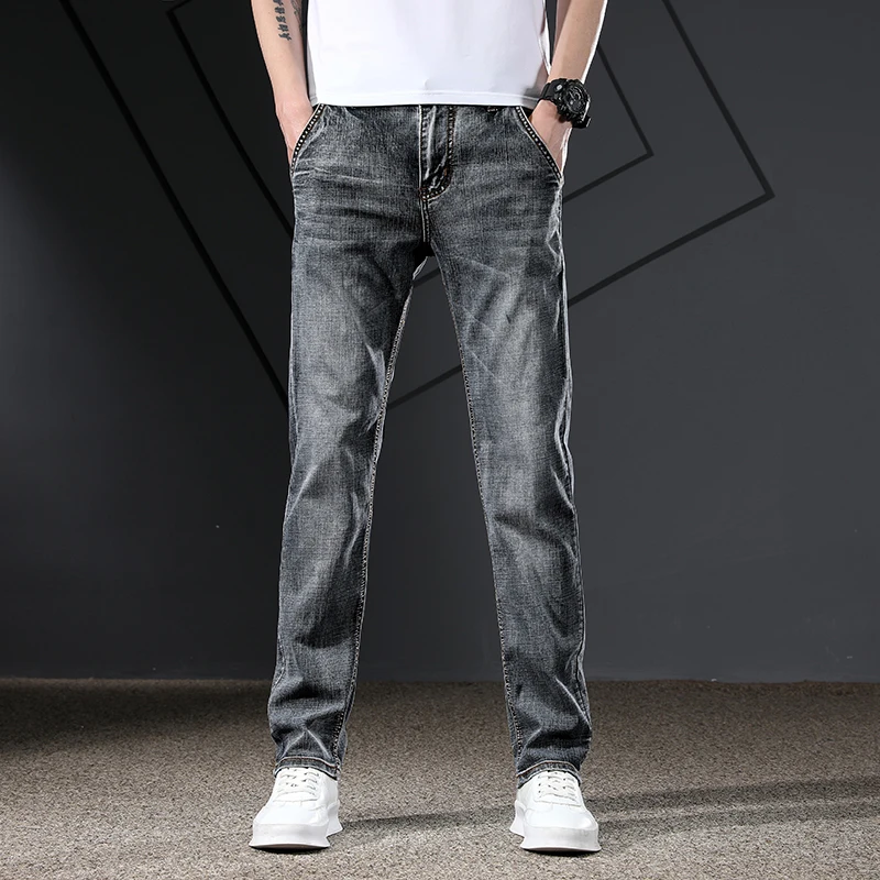 Men\'s Jeans Trousers Straight Cut Spring and Summer Stretch Men Denim Pants Streetwear Zipper Pockets Business Casual Quality