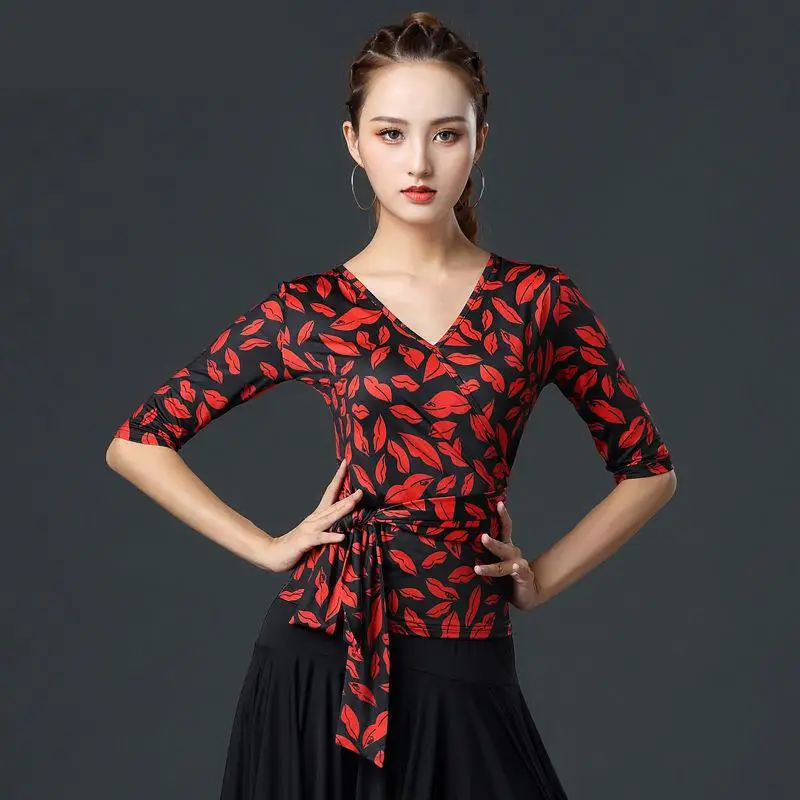 New Fashion Print Latin Dance Top Adult Female Half Sleeved Practice Clothe Women Ballroom Dance Stage Performance Dance Costume