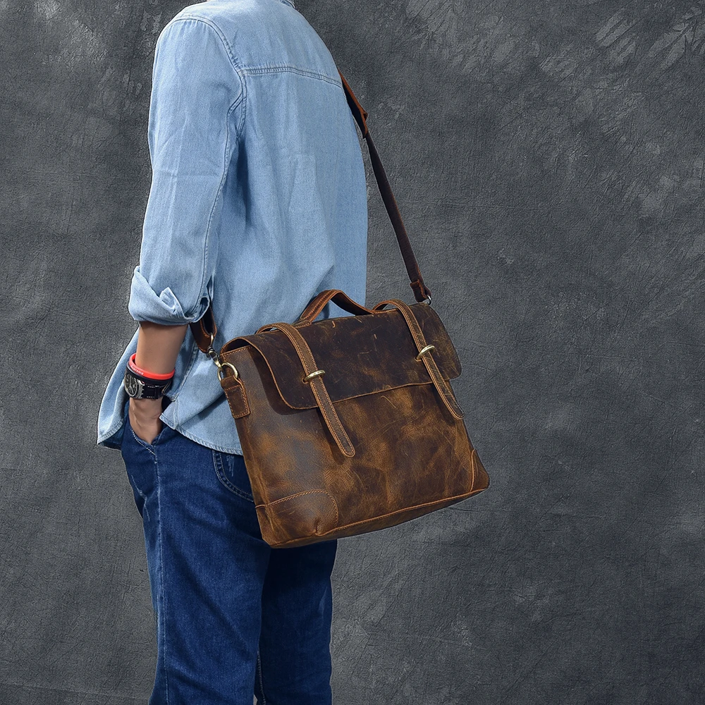 Imported leather retro men's handbag leather male laptop bag briefcase classic crazy horse leather men shoulder Messenger bags