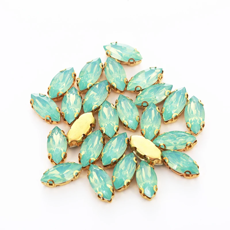 RESEN 50PCS Mix Shapes Green Opal Sew On Stones With Gold Bottom Claw Resin Rhinestones DIY Clothing Accessories