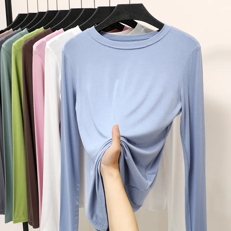 Modal Solid Basic Tshirt O Neck Long Sleeves Women Autumn Bottoming Tee Tops All Match Tee Shirt Plus size undershirt