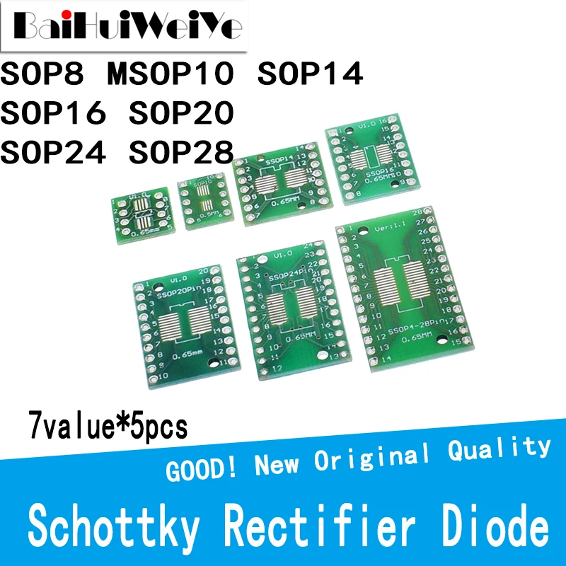 35PCS/LOT PCB Board Kit SMD Turn To DIP 7 Value*5Pcs SOP8 MSOP10 SOP14  SOP16 SOP20  SOP24 SOP28  SMT To DIP DIP-SOP SET