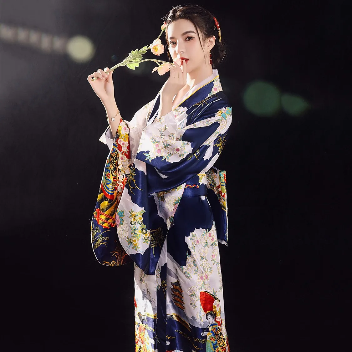 

Japanese Traditional Kimono Gown With Obi Print Flower Airy Dresses Costume Women Ladies Geisha Haori Yukata Kimono Gown Suit
