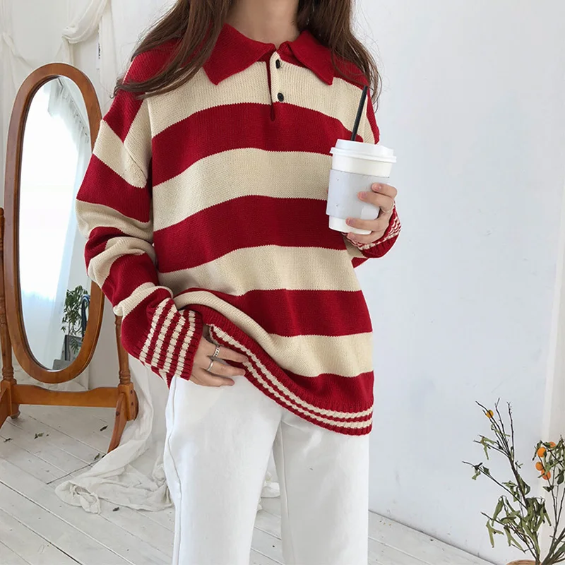 Harajuku Striped Hit Color Women Kintted Sweater Long Sleeve Casual Loose Female Pullover Top 2019 Spring Autumn Female Jumper