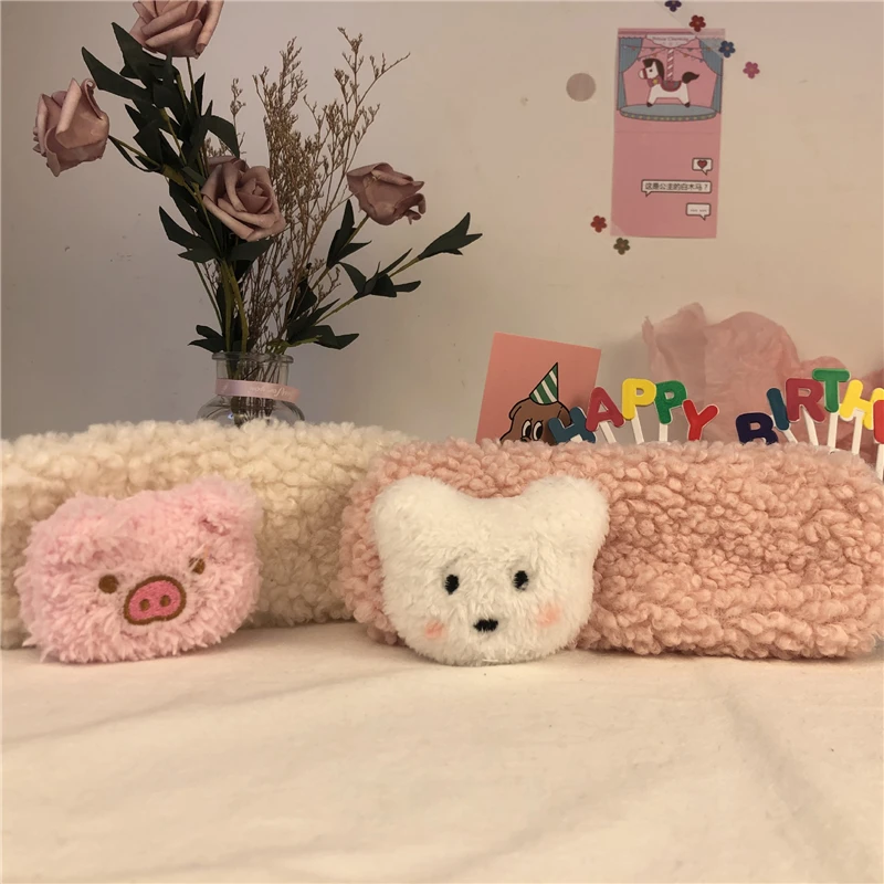 Estuche de lápices de lana de cordero, bolsa de peluche Kawaii con cremallera, organizador de maquillaje, Bolsa Escolar, suministro de papelería, 1