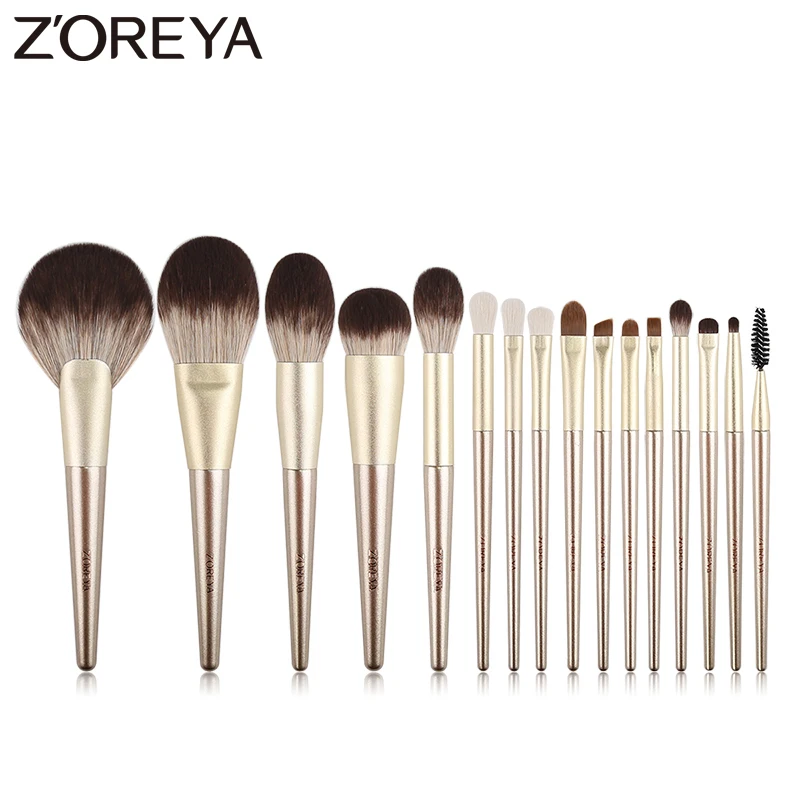 ZOREYA Gold Makeup Brushes Set 16Pcs Professional Make Up Brush Kits Large Fan Powder Blush Highlight Eyeliner Cosmetic Tool