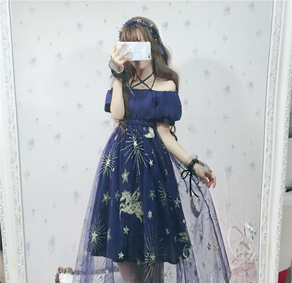 

Lolita star sky mesh bandage square neck dress lace bowknot cute printing victorian dress kawaii girl gothic lolita op loli cos