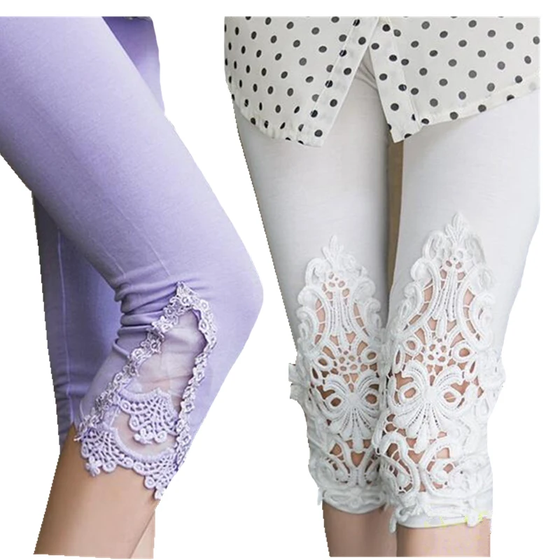 LJCUIYAO Nữ Mùa Hè Quần Rỗng Ren Co Giãn Quần Legging Thể Thao Skinny Giữa Bắp Chân Cotton Khâu Viền Trắng Đen Hồng Đáy