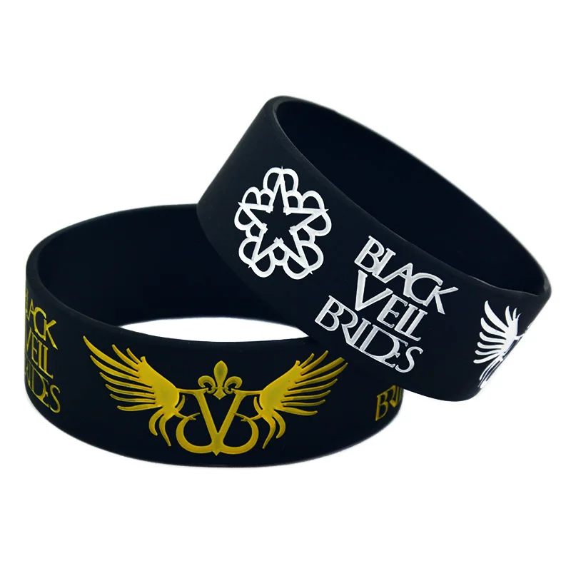 1 PC Black Veil Brides With Angel Wings Silicone Wristband 1 Inch Wide Adult Size