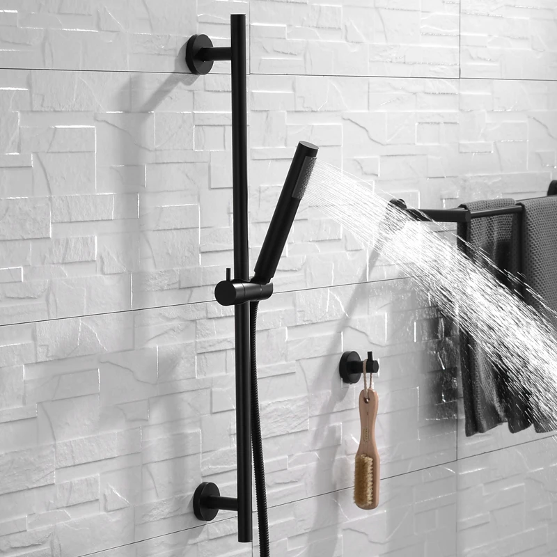 Black Round Shape Brass Adjustable Slide Bar Hand Held Shower with Extra Long Hose and Bracket Holder Water Saving Shower Head