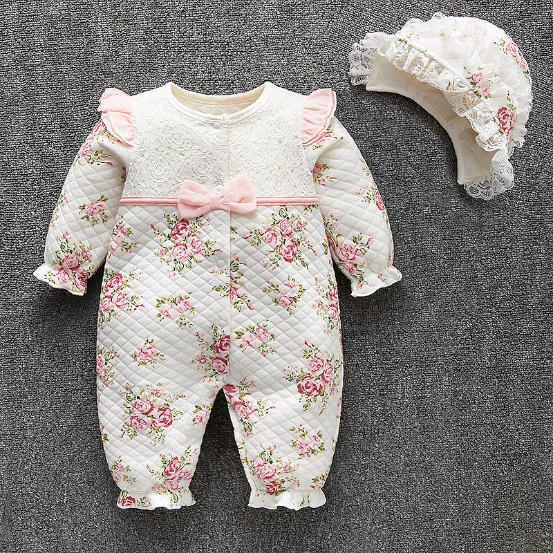 Winter Newborn Baby Girl Clothes Thicken Floral Princess Jumpsuit Clothing Sets Boys Bodysuit+ Hats