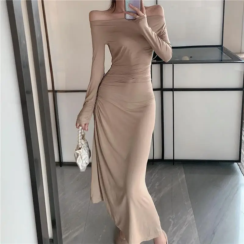 

Off Shoulder Party Dresses Sexy Slash Neck Shirring Irregular Dress Spring Autumn Long Sleeve Bodycon Midi Dress Womens Clothing