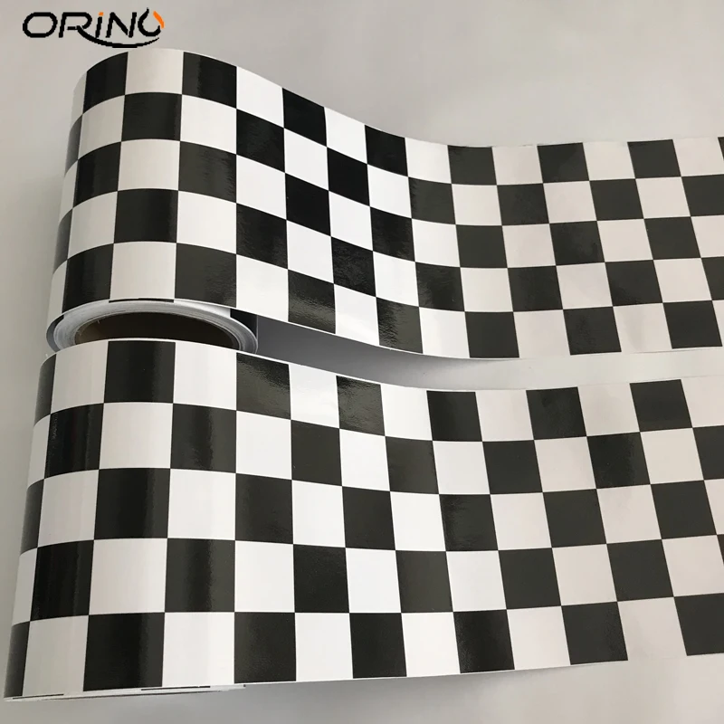 15cm Width Gloss Black White Checkered Racing Flag Sticker Vinyl Self Adhesive Car Wrap Foil Sheet With Air Bubble Free Release