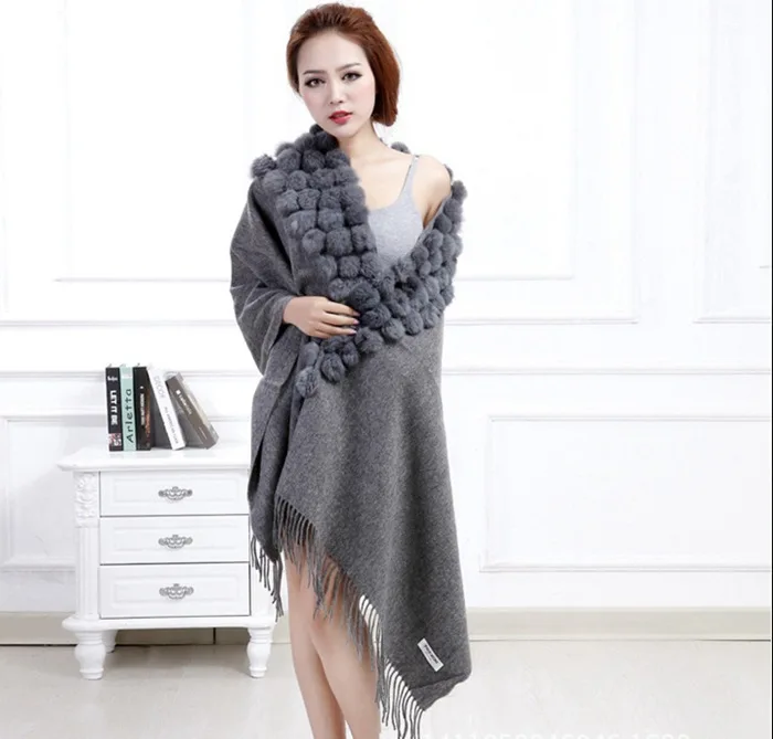 20 Colors Triangle Real Rabbit Fur Ball Shawl Wraps Winter Women Cashmere Tassel Cape Pompon Cloak Lady Mum Gift Casaco Feminino