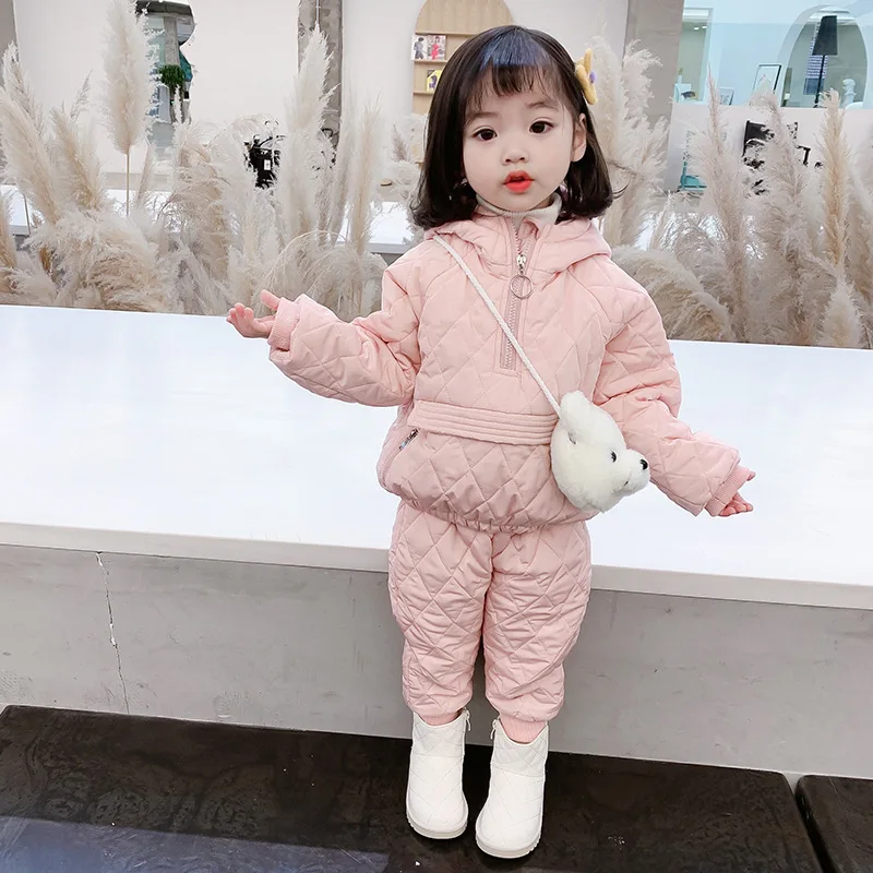 Fashion Baby Girls Winter Clothes Set 1-6Years Old Cotton Padded Hooded Warm Coat Pants 2Piece-Sets Girls Outfits image 4