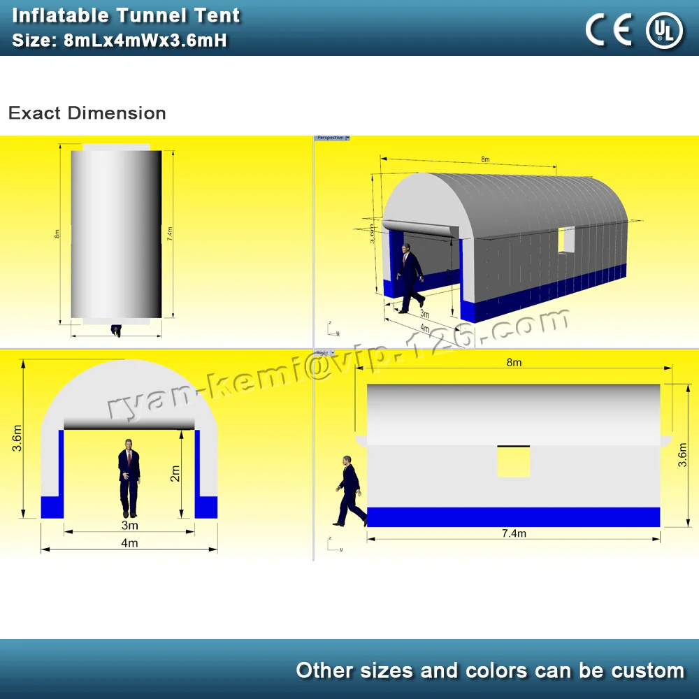 8mLx4mWx3.6mH สีขาว Inflatable อุโมงค์เต็นท์ Windows กลางแจ้ง Inflatable นิทรรศการรถยนต์ Shelter Marquee Trade Show กีฬาเต็นท์