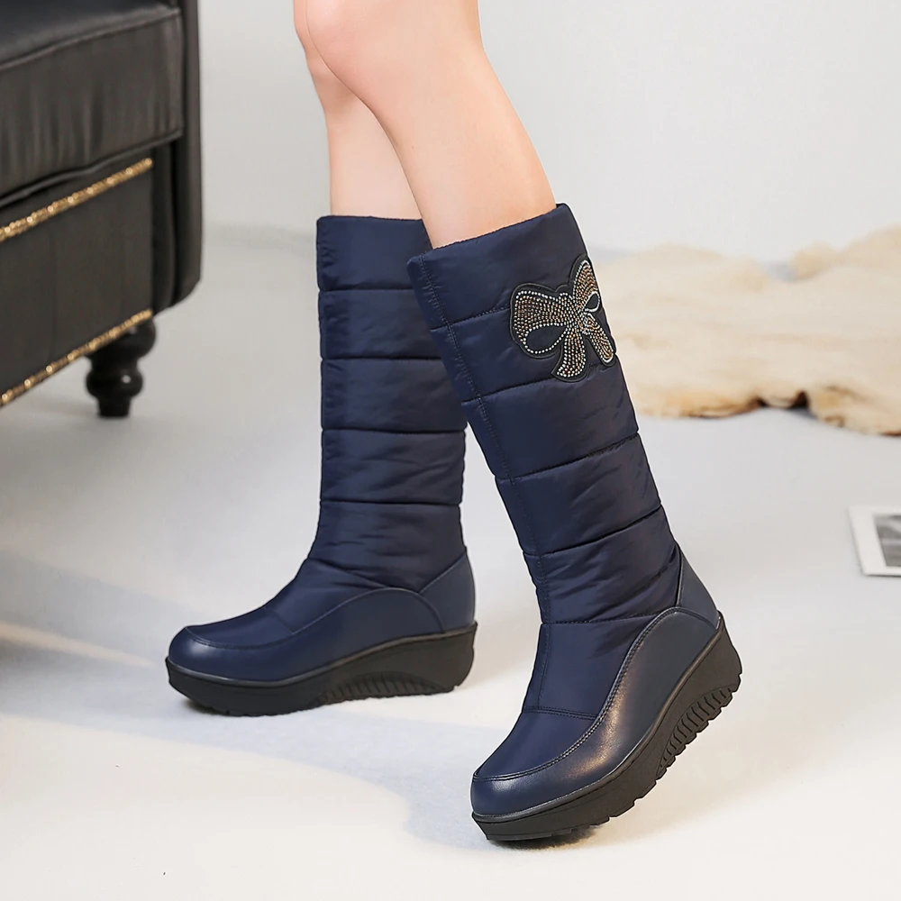 New Fashion Women Winter Knee High Boots Girls Half Snow Boots Wedge Heels Designer Fluffy Ladies Platform Shoes Black Red Blue