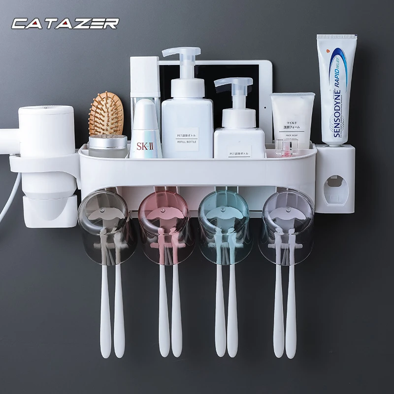 

Automatic Toothpaste Dispenser Squeezer Toothbrush Holder Makeup Storage Rack Hair Dryer Shelf Bathroom Cosmetic Organizer