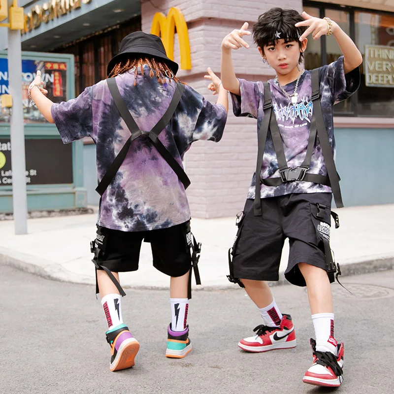 Kid Hip Hop Clothing Tie Dye Harajuku Shirt Strap Oversized T Shirt Top Summer Cargo Shorts for Girls Boys Dance Costume Clothes