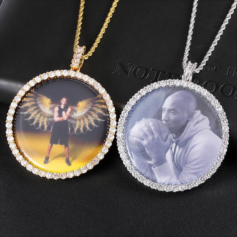 Big Round Custom Photo Medallions Iced Bling AAA Cubic Zirconia Personalized Necklace&Pendant For Men Hip Hop Jewelry Solid Back