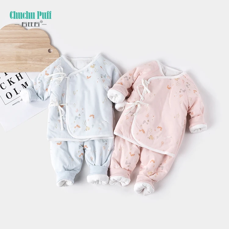 

Cotton Squirrel Printed Winter Warm Quilted 2pc Newborn Baby Pajamas Set with Ribbon Cute Baby Overalls Warm Boys Jumpsuit Out