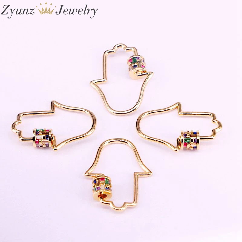 6PCS, 24*31mm, Screw on hamsha hand Clasp for metal chain and cord, Gold Color Rainbow CZ Pave Lock