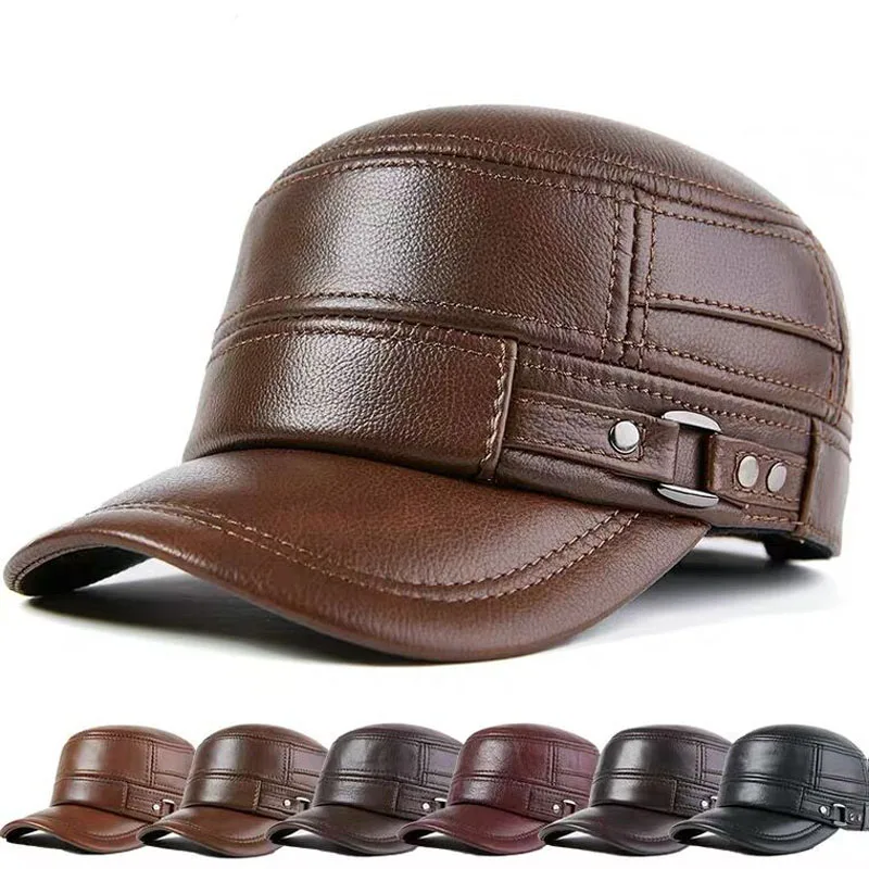 Genuine Leather Cap Men\'s Flat Caps Army Military Hat Elegant Man Baseball Cap British Vintage Cowhide Leather Hats