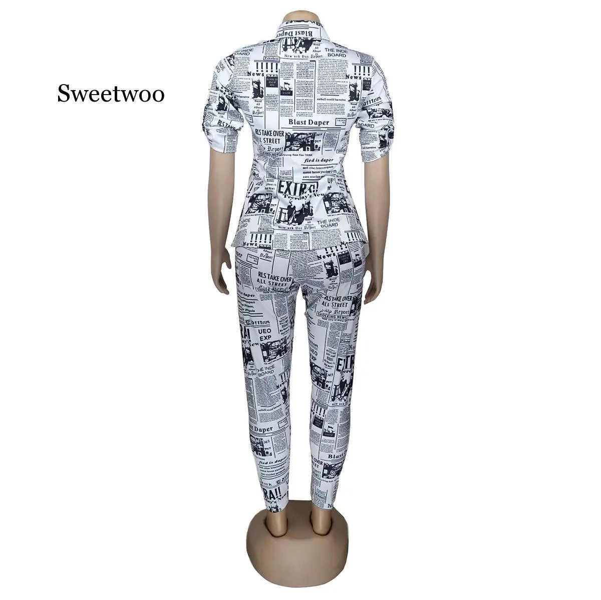 Women Two Piece Outfits Newspaper Printing Fashion Turn-down Collar Tracksuit For Women