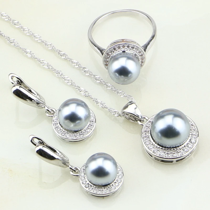 

925 Silver Jewelry White Cubic Zirconia Round Gray Imitation Pearl Jewelry Set for Women Earrings/Ring/Pendant/Necklace